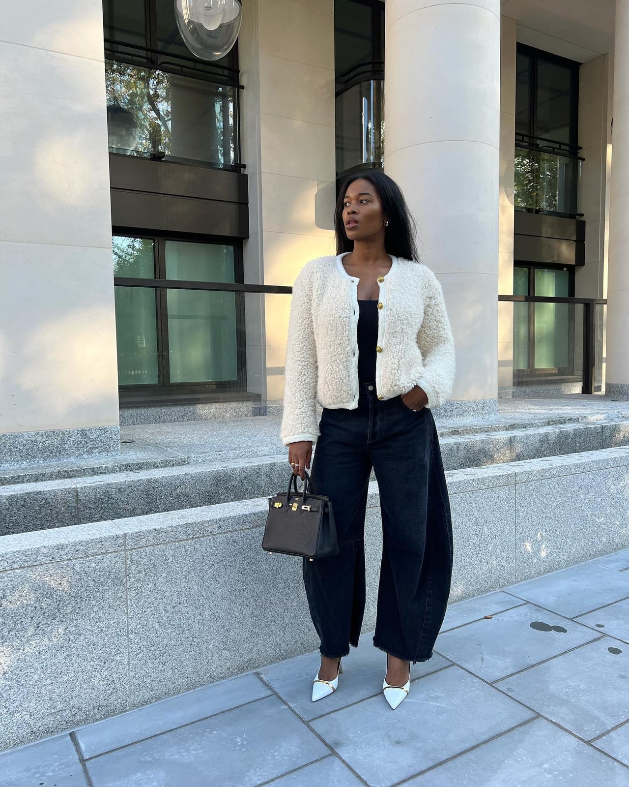 Cream Boucle Cardigan Over Black Tank and Barrel Jeans Cream Boucle Cardigan Over Black Tank and Barrel Jeans — Trendy Black Barrel Jeans Outfit