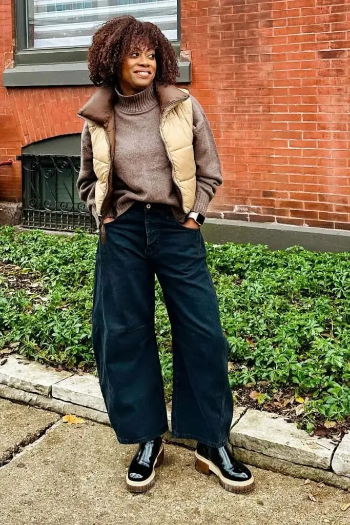 Brown Turtleneck and Puffer Vest with Black Barrel Jeans Brown Turtleneck and Puffer Vest with Black Barrel Jeans — Trendy Black Barrel Jeans Outfit