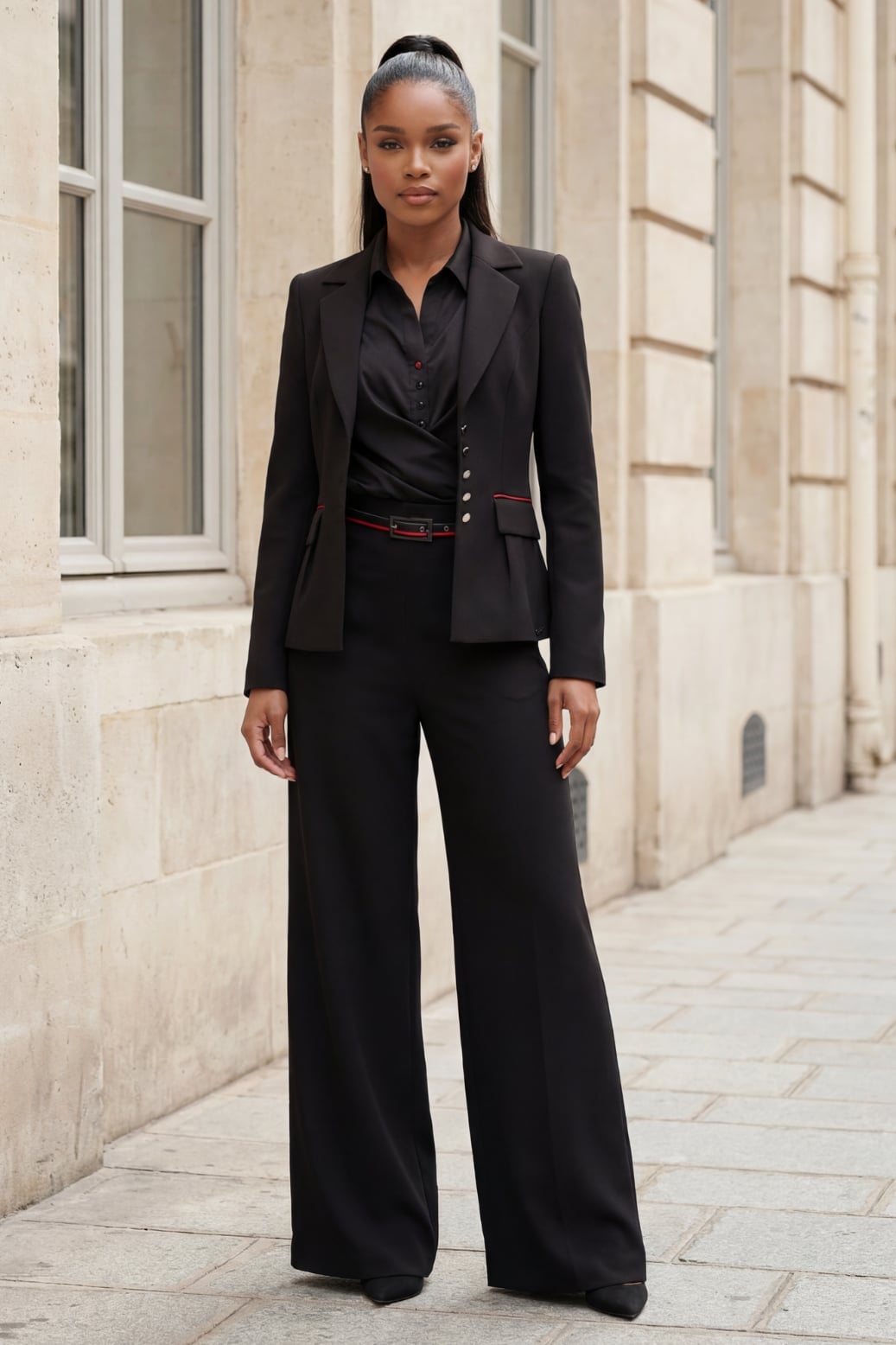 Fitted Black Blazer With Red Trim — Trendy Black Blazer Outfit