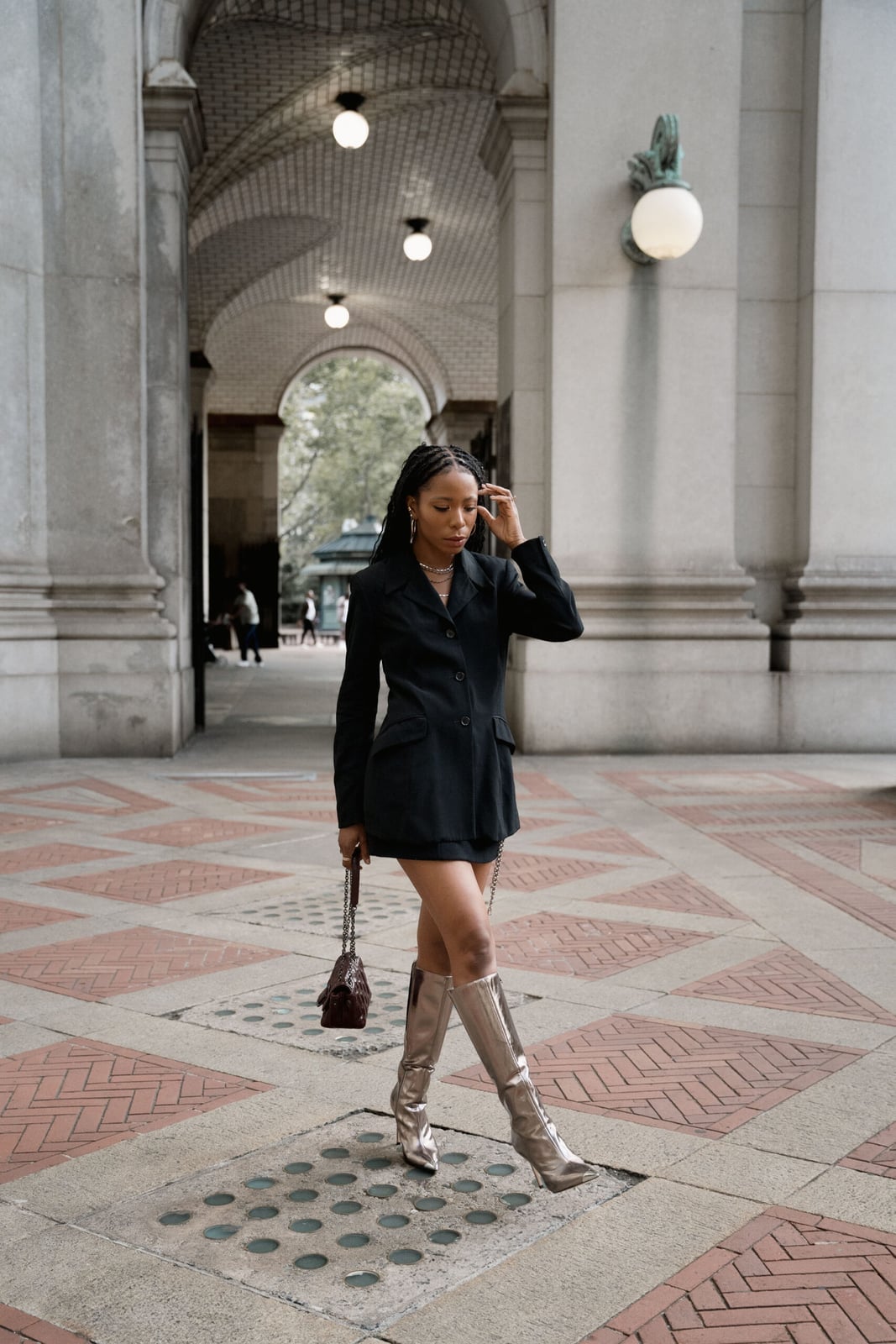 Black Blazer Dress With Knee High Boots — Trendy Black Blazer Outfit