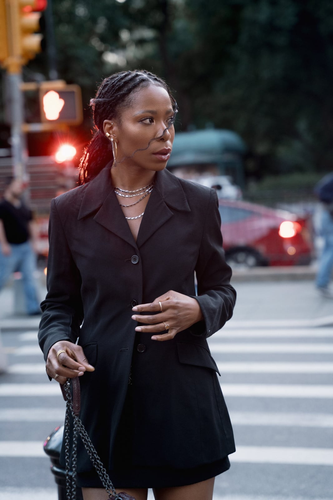 Fitted Black Blazer With Layered Necklaces — Trendy Black Blazer Outfit
