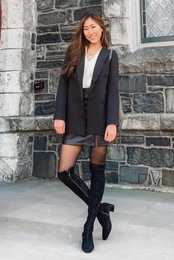 Black Blazer With Leather Look Mini Skirt — Trendy Black Blazer Outfit