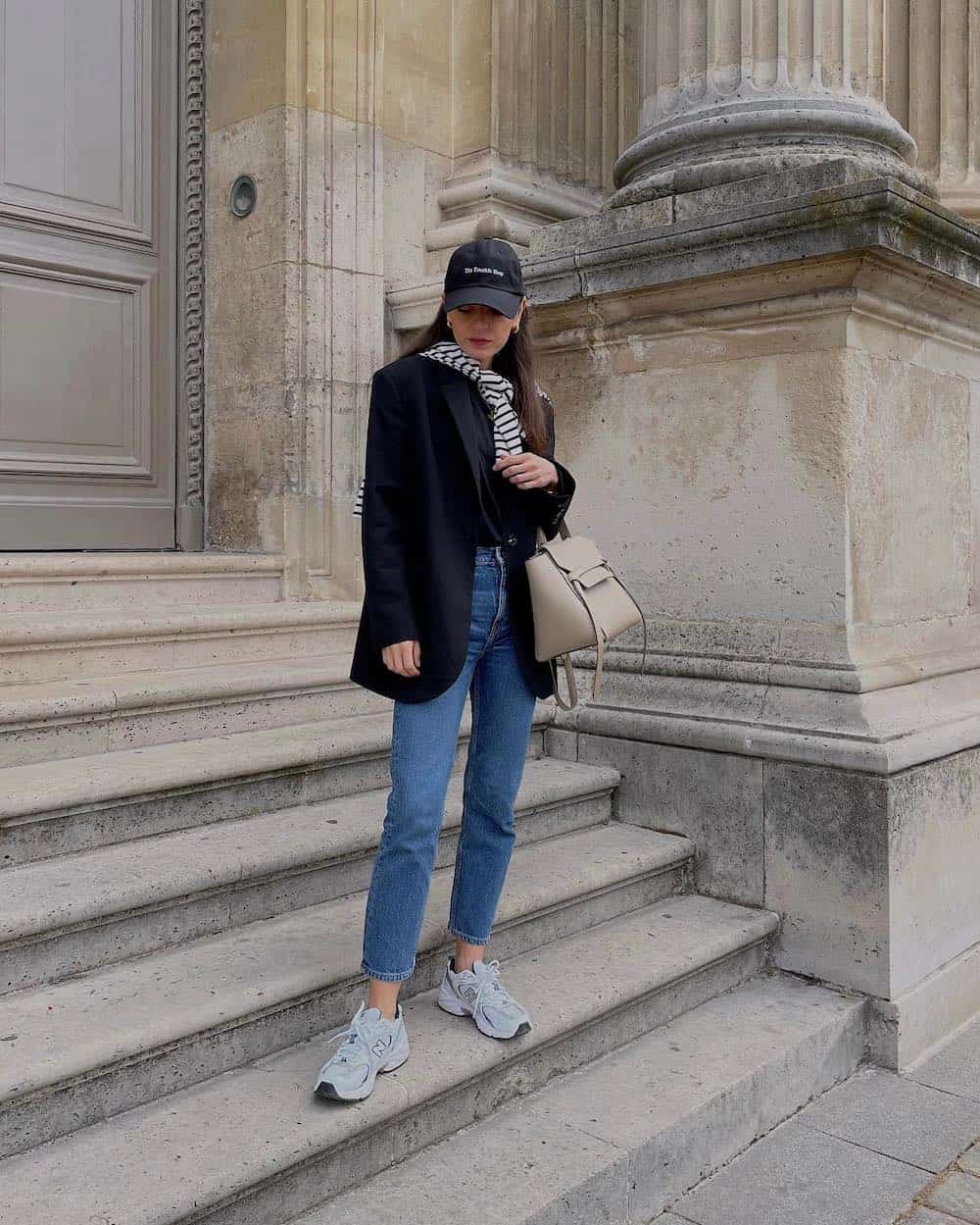 Oversized Black Blazer With Striped Scarf — Trendy Black Blazer Outfit