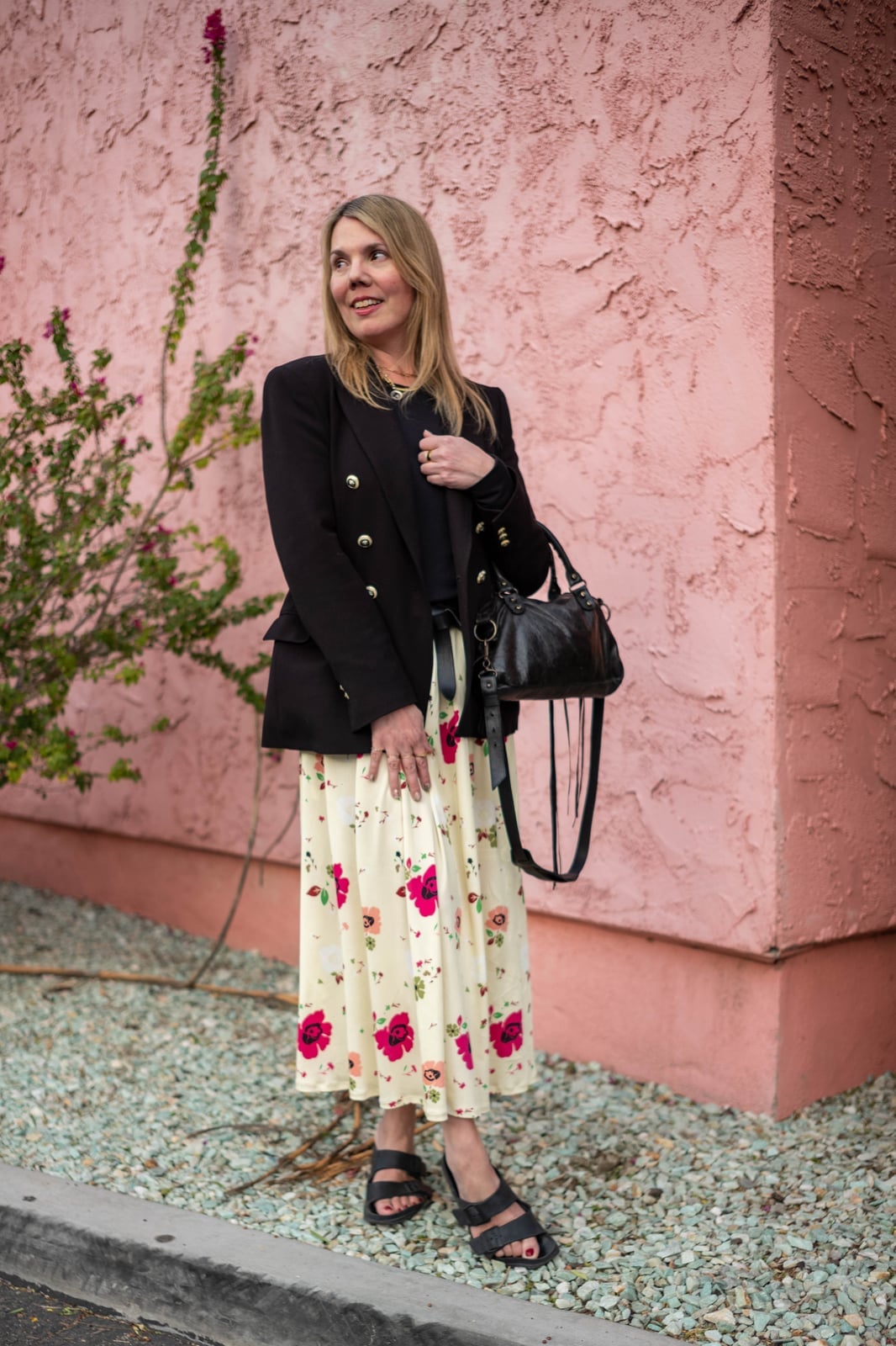Black Double Breasted Blazer With Floral Skirt — Trendy Black Blazer Outfit