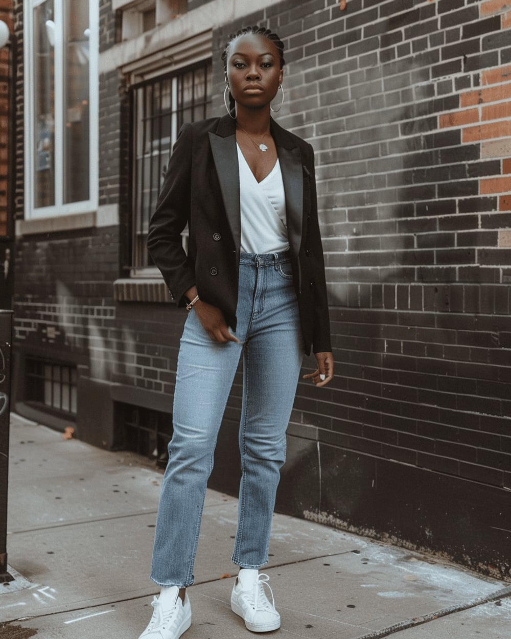 Black Tuxedo Blazer With White Sneakers — Trendy Black Blazer Outfit