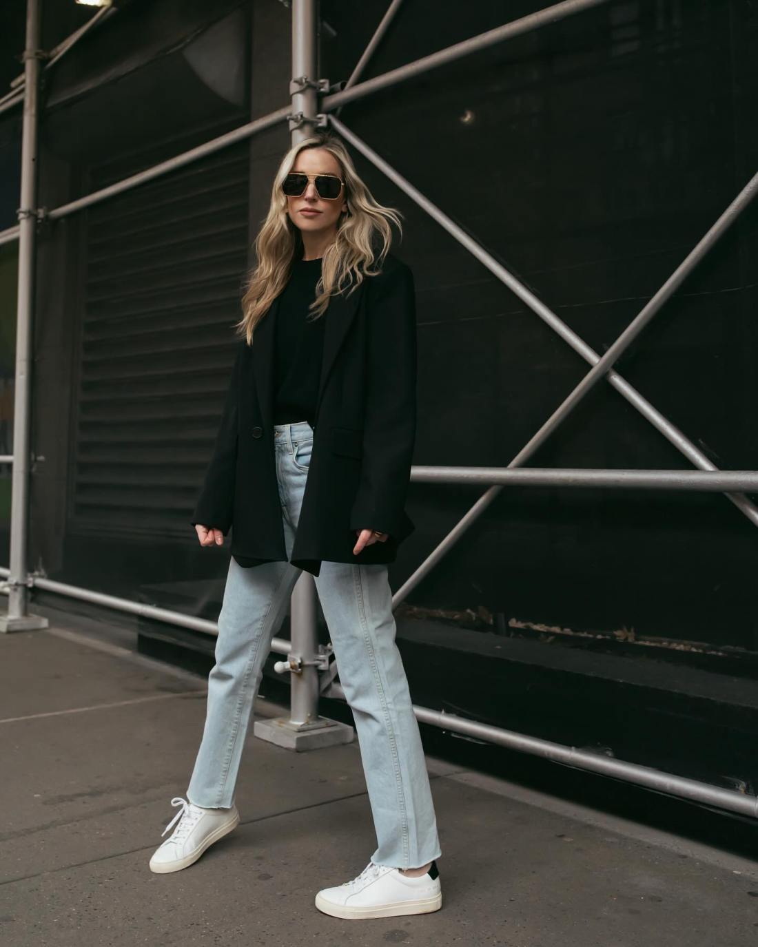 Oversized Black Blazer With White Sneakers — Trendy Black Blazer Outfit
