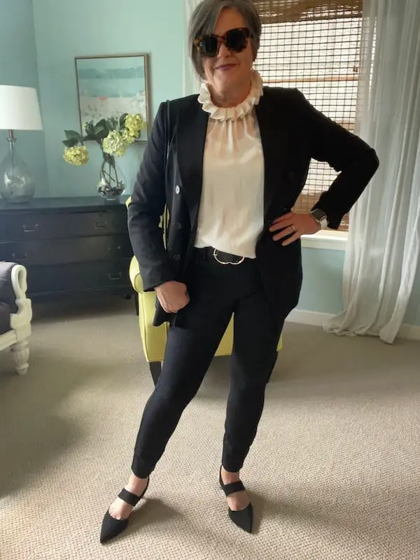 Black Blazer With Ruffled Blouse — Trendy Black Blazer Outfit