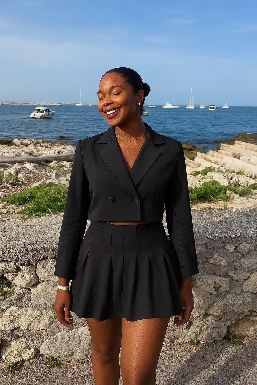 Black Cropped Blazer With Pleated Mini Skirt — Trendy Black Blazer Outfit