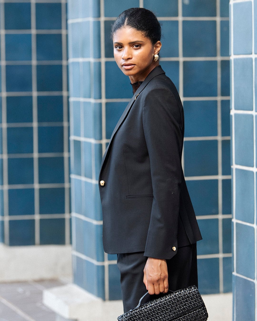 Tailored Black Blazer With Gold Buttons — Trendy Black Blazer Outfit