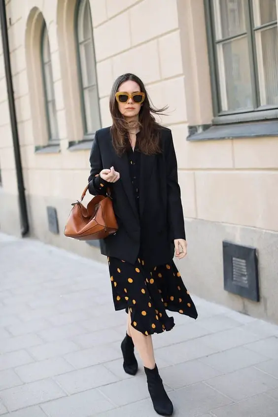 Oversized Black Blazer Over Polka Dot Dress — Trendy Black Blazer Outfit