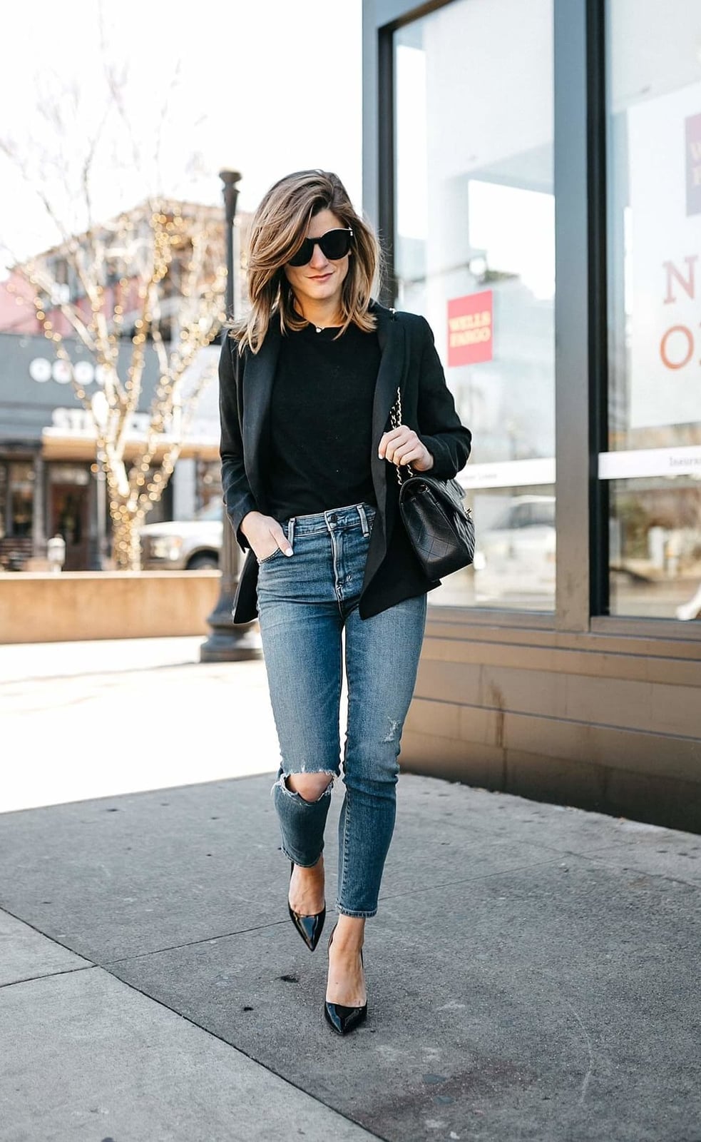 Fitted Black Blazer With Ripped Jeans — Trendy Black Blazer Outfit