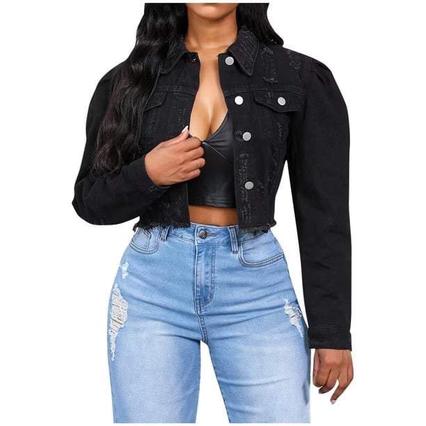 Cropped Distressed Black Denim Jacket With Blue Jeans Cropped Distressed Black Denim Jacket With Blue Jeans — Trendy Black Denim Jacket Outfit