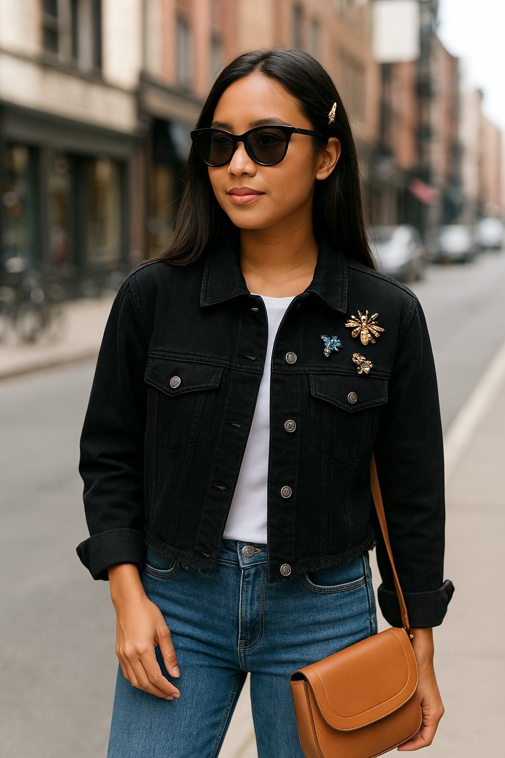 Cropped Black Denim Jacket With Brooches Cropped Black Denim Jacket With Brooches — Trendy Black Denim Jacket Outfit