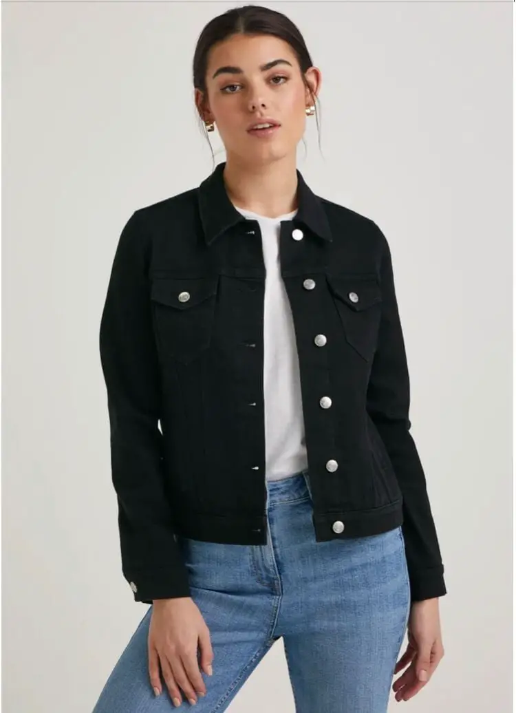 Fitted Black Denim Jacket With Silver Buttons Fitted Black Denim Jacket With Silver Buttons — Trendy Black Denim Jacket Outfit