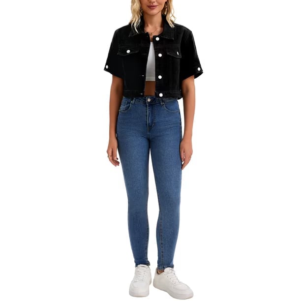 Short Sleeve Cropped Black Denim Jacket Short Sleeve Cropped Black Denim Jacket — Trendy Black Denim Jacket Outfit