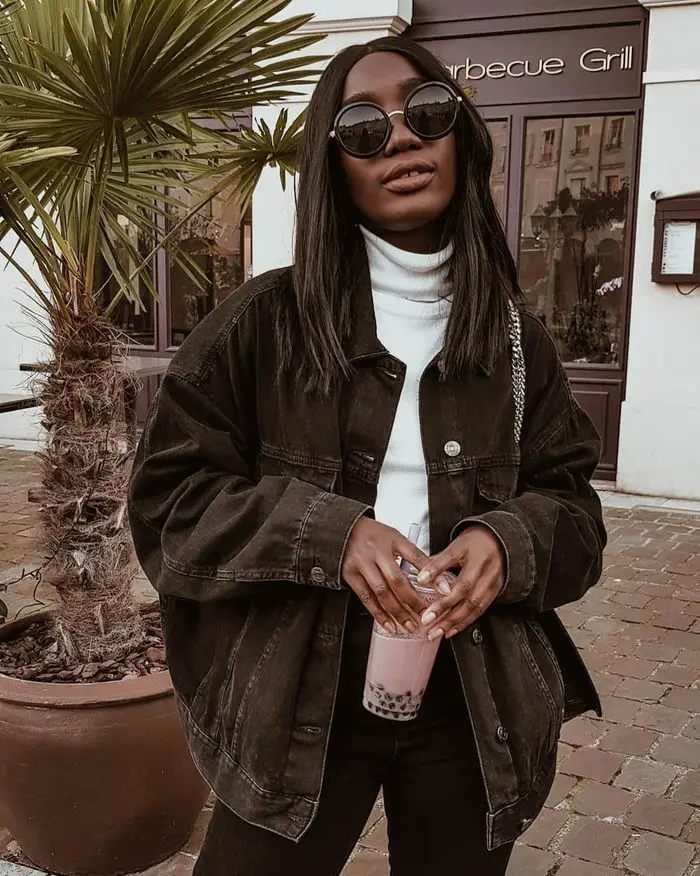 Oversized Black Denim Jacket Over White Turtleneck Oversized Black Denim Jacket Over White Turtleneck — Trendy Black Denim Jacket Outfit