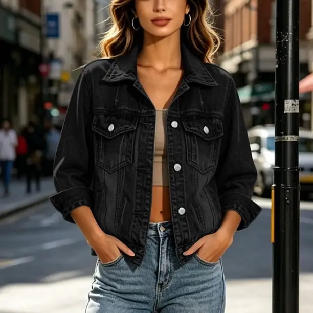 Cropped Black Denim Jacket With Crop Top And Jeans Cropped Black Denim Jacket With Crop Top And Jeans — Trendy Black Denim Jacket Outfit