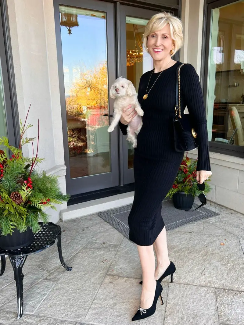 Fitted Black Midi Dress with Bell Sleeves and Heels — Trendy Black Dress Outfits