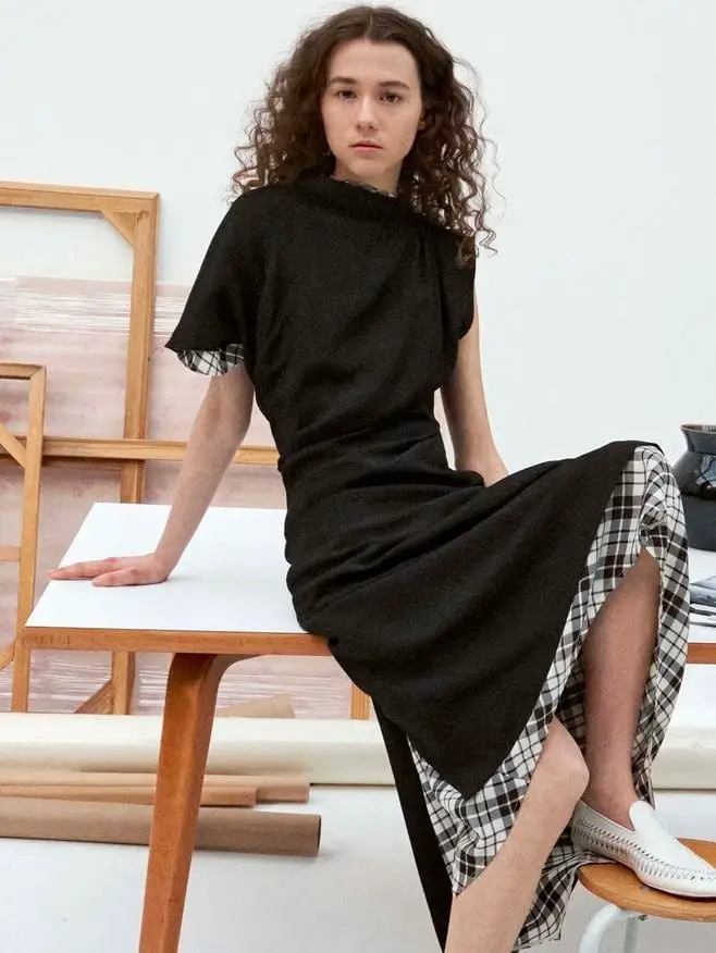 Black Midi Dress with Mock Neck and Plaid Underlayer — Trendy Black Dress Outfits
