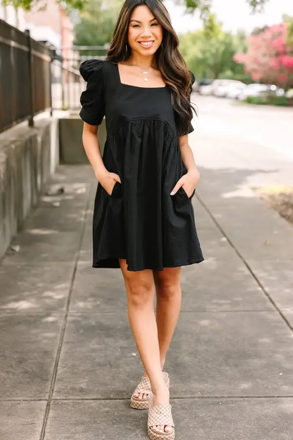 Puff Sleeve Black Dress with Pockets and Wedge Sandals — Trendy Black Dress Outfits