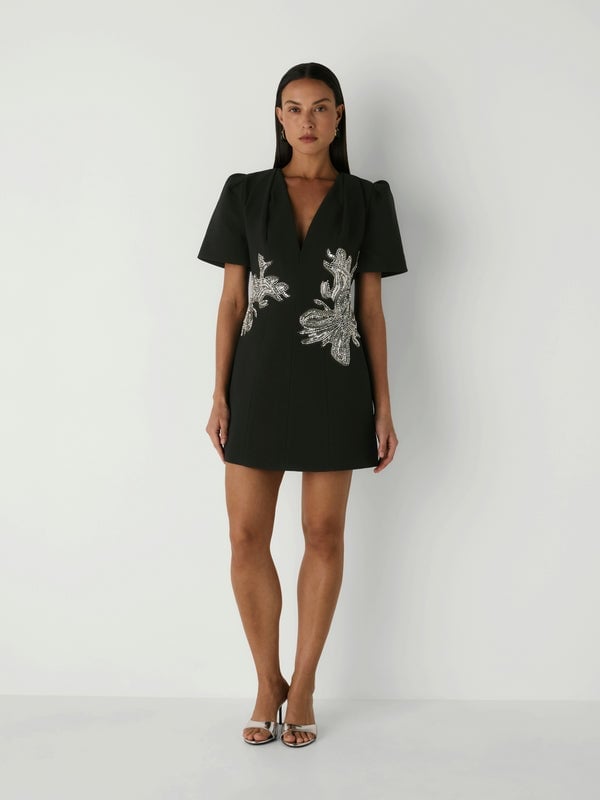 Embellished Black Mini Dress with Deep V-neck — Trendy Black Dress Outfits