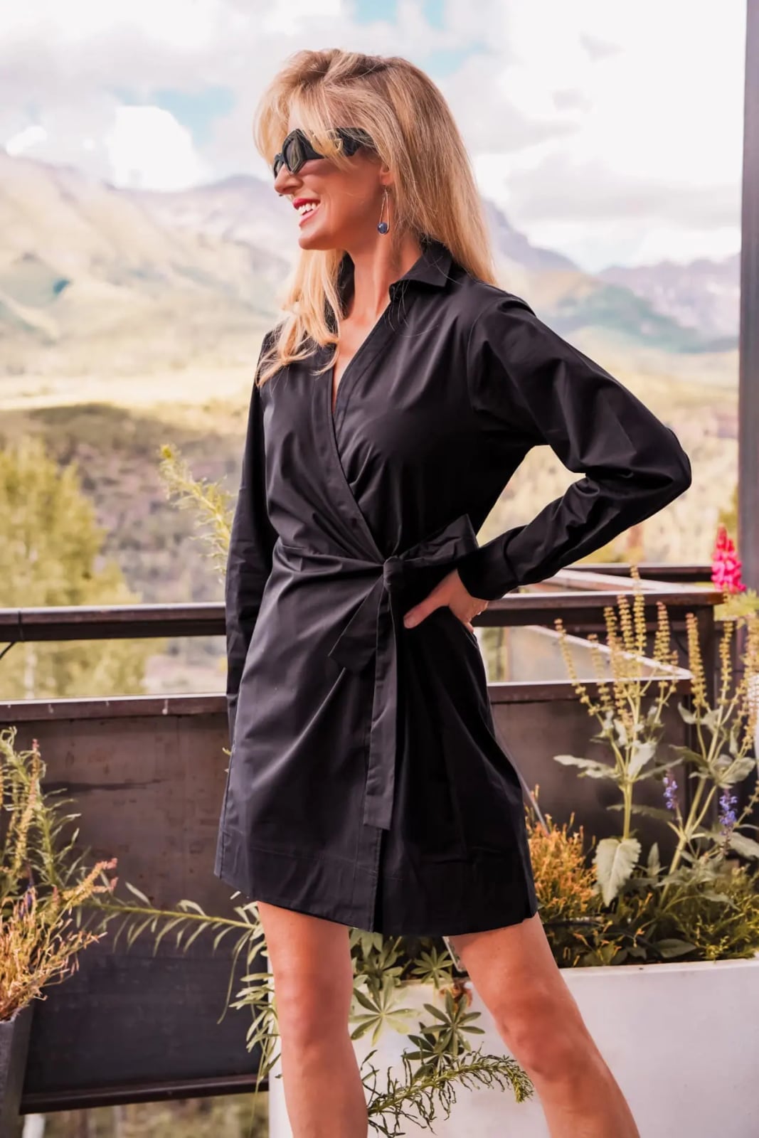 Black Wrap Shirt Dress with Tie Waist and Tan Sandals — Trendy Black Dress Outfits