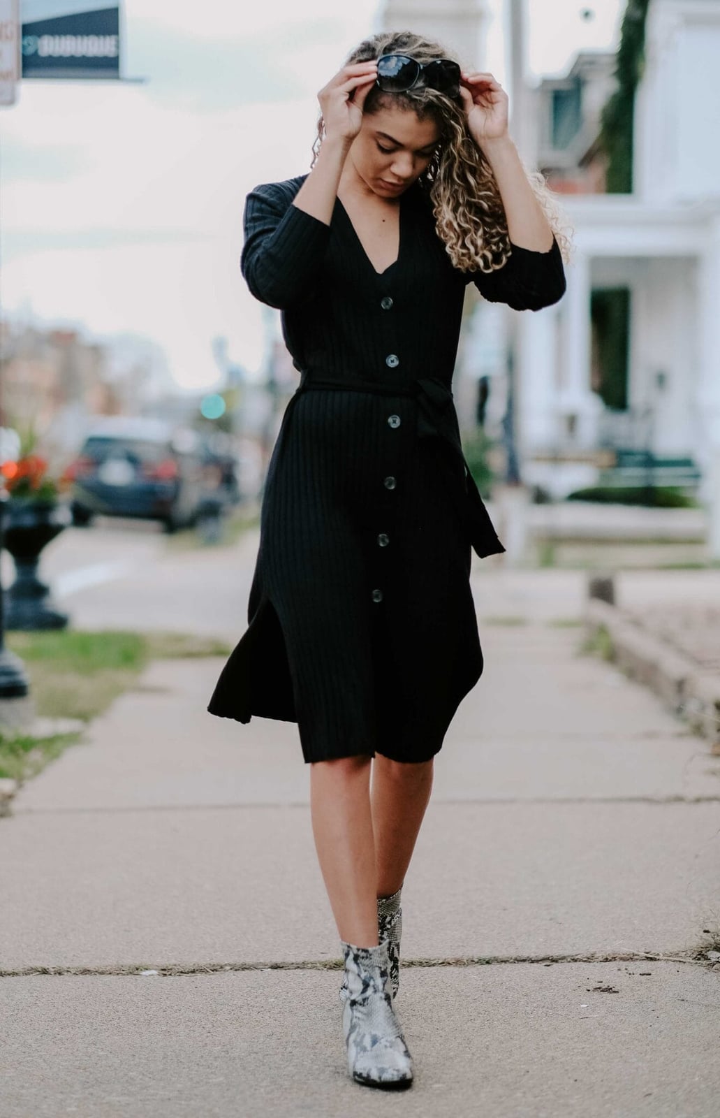 Button-front Black Knit Dress with Snake Print Boots — Trendy Black Dress Outfits