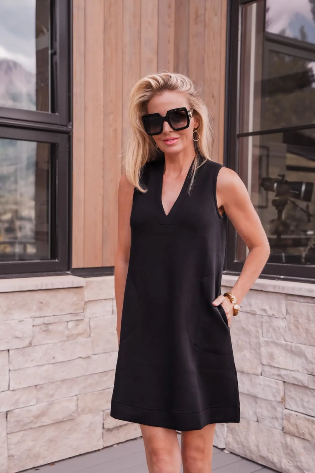 Black Sleeveless Shift Dress with Tan Sandals and Gold Jewelry — Trendy Black Dress Outfits