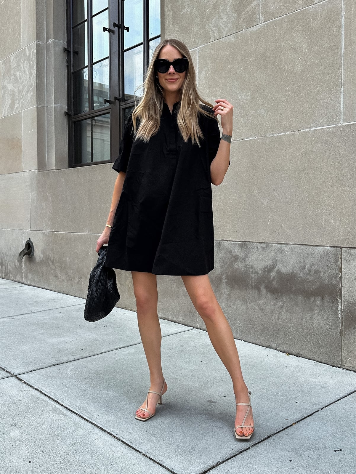Oversized Black Shirt Dress with Nude Sandals — Trendy Black Dress Outfits