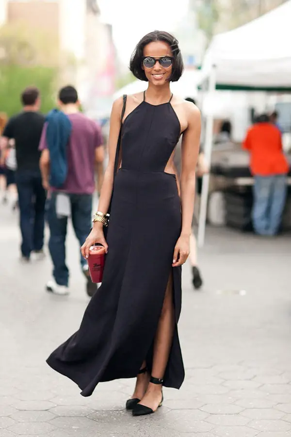 Halter Neck Maxi Dress with Side Cut-Outs and Flats — Trendy Black Dress Outfits