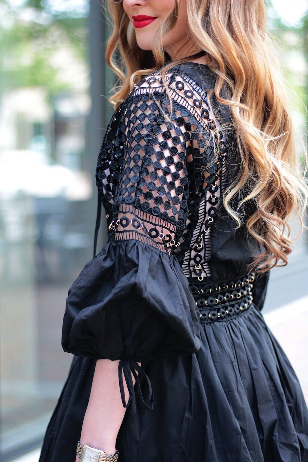 Black Dress with Puff Sleeves Lace and Gold Belt — Trendy Black Dress Outfits