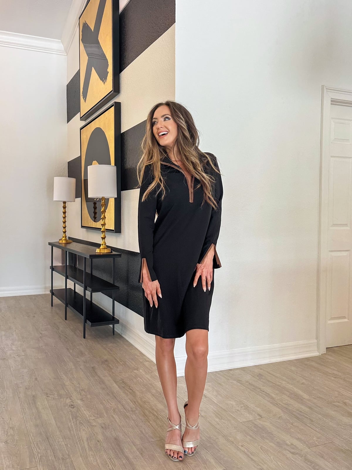 Long-sleeve Midi Dress with Zip Neckline and Gold Sandals — Trendy Black Dress Outfits