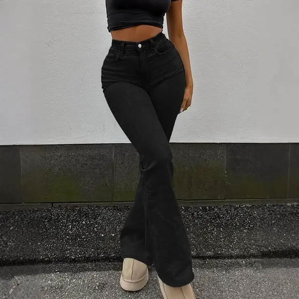 Black Flare Jeans with Crop Top and Platform Shoes — Trendy Black Flare Jeans Outfit