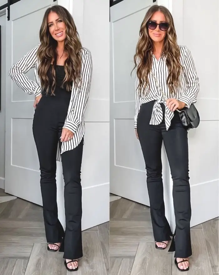 Black Flare Jeans with Striped Shirt Tie Detail — Trendy Black Flare Jeans Outfit