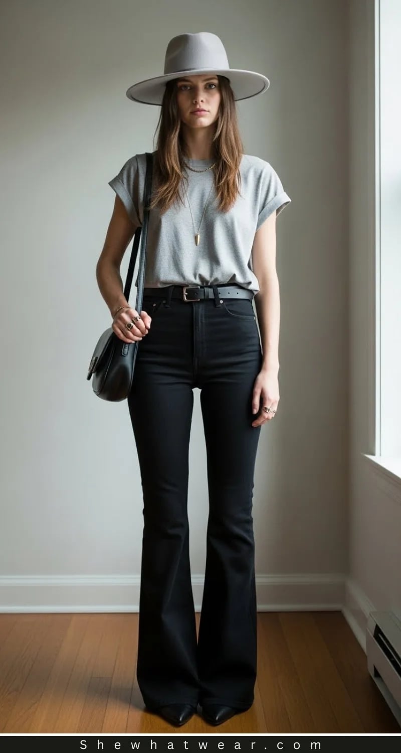 Casual Black Flare Jeans with Graphic Tee and Hat — Trendy Black Flare Jeans Outfit