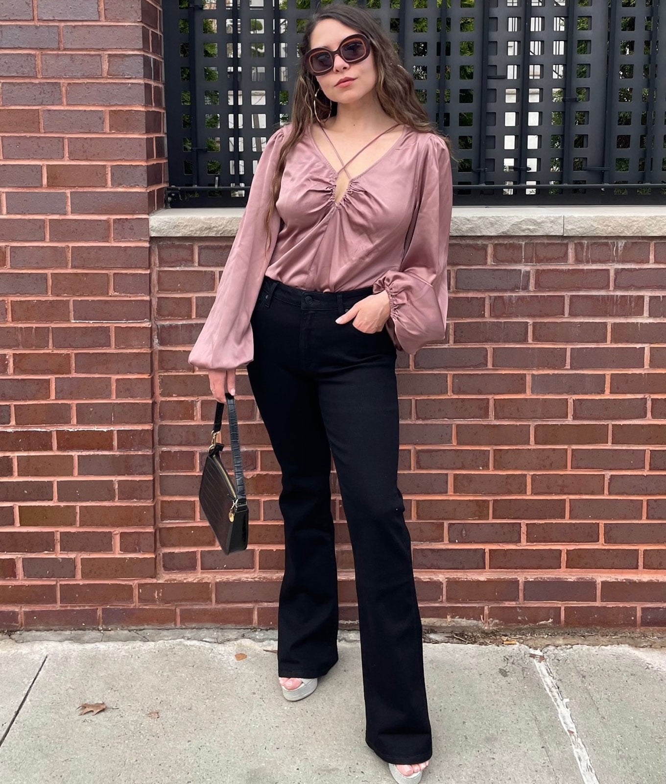 Black Wide Leg Jeans with Satin Blouse — Trendy Black Flare Jeans Outfit