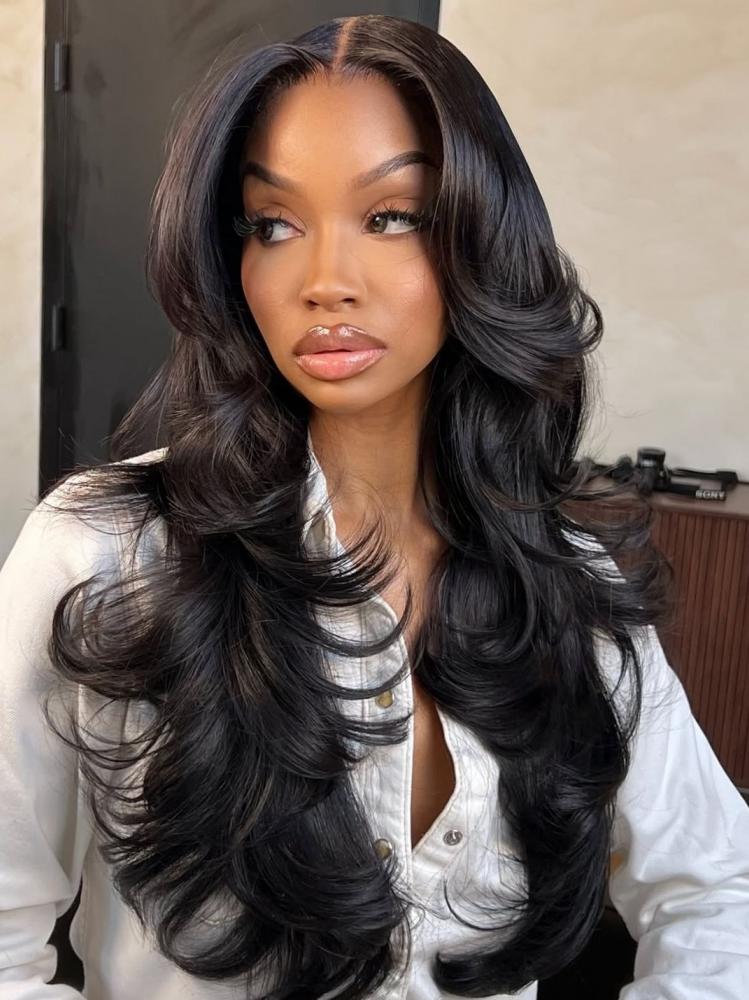 Voluminous Mid-Back Layers With Curtain Bangs Voluminous Mid-Back Layers With Curtain Bangs — Trendy Black Hair
