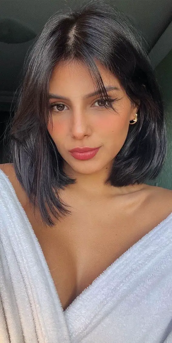 Sleek Collarbone Lob With Soft Curtain Bangs Sleek Collarbone Lob With Soft Curtain Bangs — Trendy Black Hair