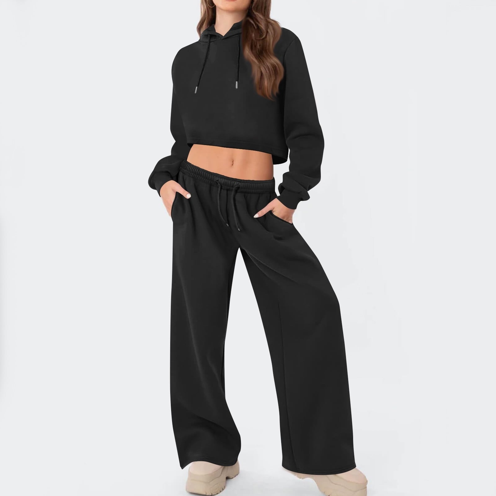 Casual Loungewear Set With Cropped Hoodie And Wide Leg Pants Casual Loungewear Set With Cropped Hoodie And Wide Leg Pants — Trendy Black Outfits