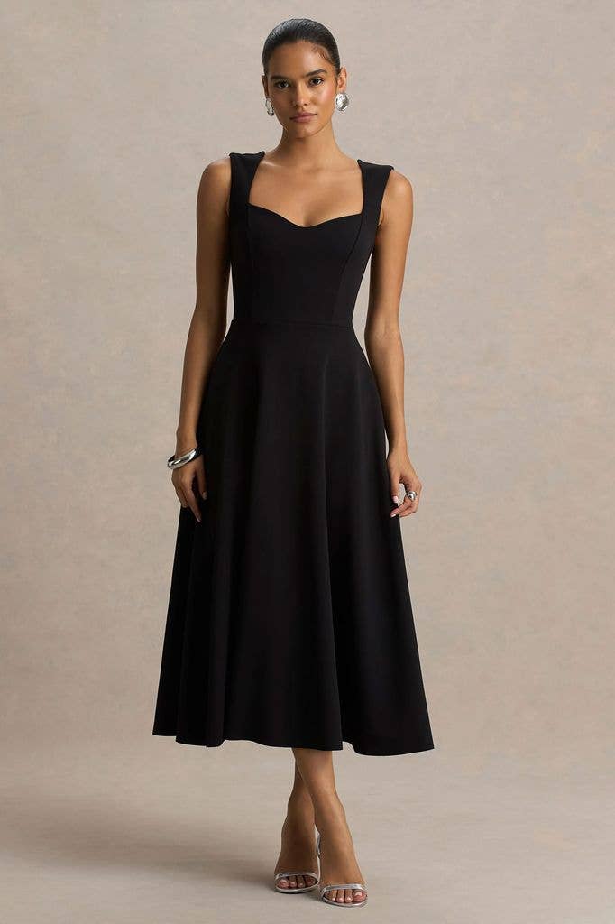 Formal Black Fit And Flare Midi Dress With Sweetheart Neckline Formal Black Fit And Flare Midi Dress With Sweetheart Neckline — Trendy Black Outfits