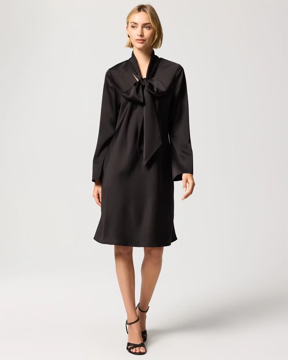 Evening Wear Black Satin Shift Dress With Bow Detail Trendy Black Outfits