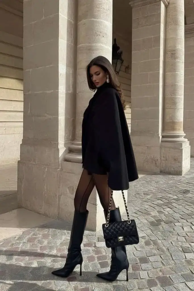 Evening Ensemble With Oversized Black Cape and Sheer Tights Evening Ensemble With Oversized Black Cape and Sheer Tights — Trendy Black Outfits