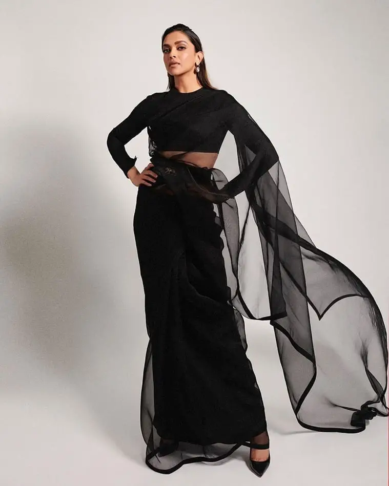 Formal Monochromatic Black Satin Saree With Sheer Overlay Formal Monochromatic Black Satin Saree With Sheer Overlay — Trendy Black Outfits