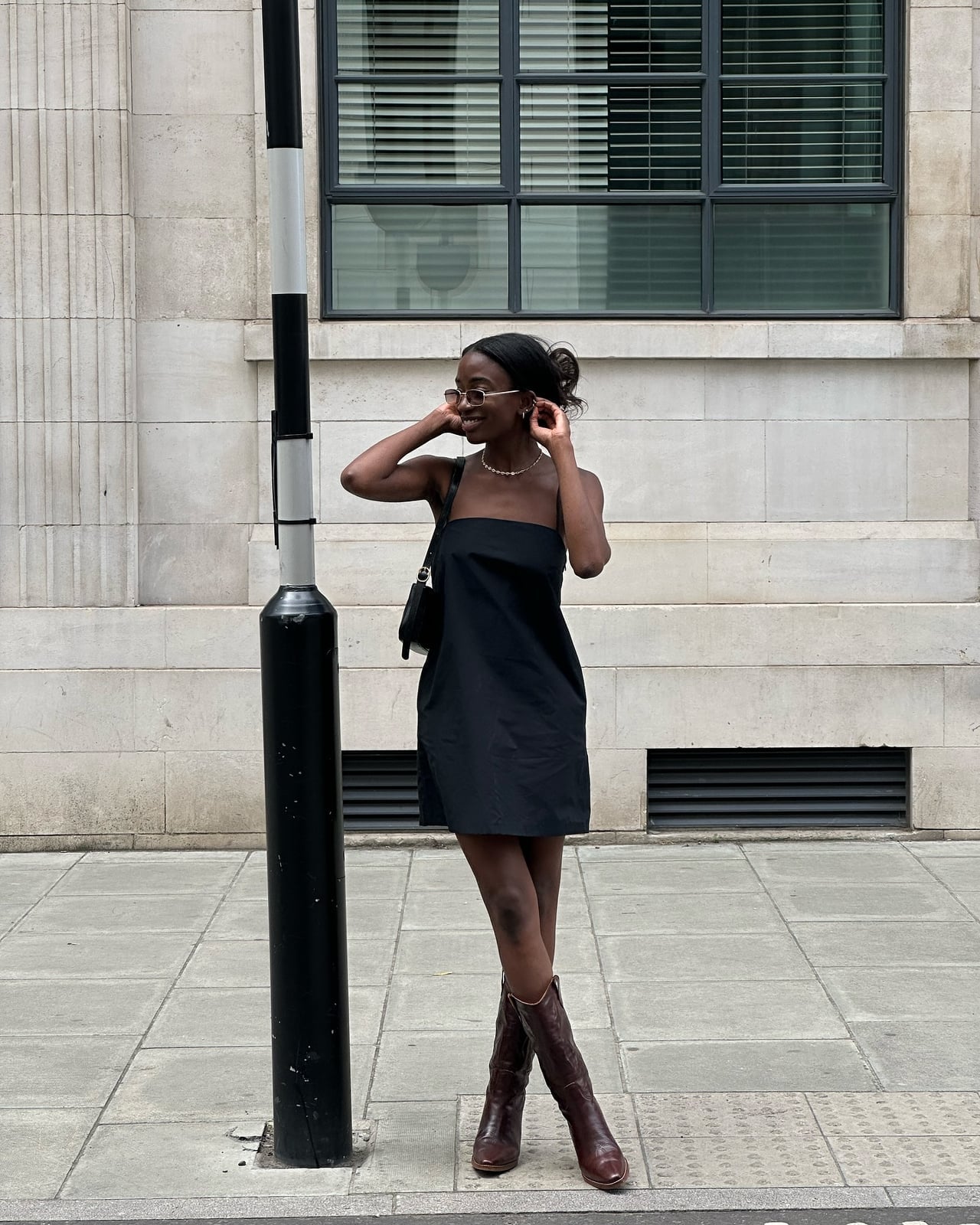 Casual Black A-Line Mini Dress With Cowboy Boots Casual Black A-Line Mini Dress With Cowboy Boots — Trendy Black Outfits