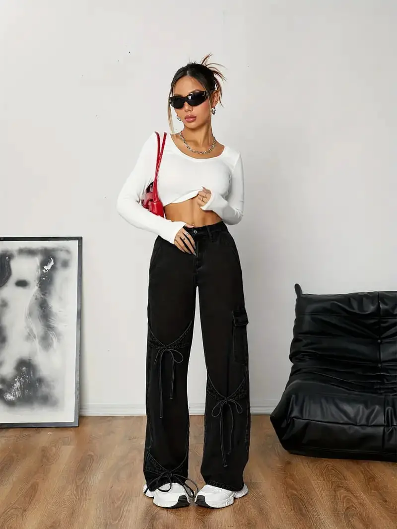 Relaxed Fit Cargo Black Trousers with Tie Detail — Trendy Black Trousers Outfit