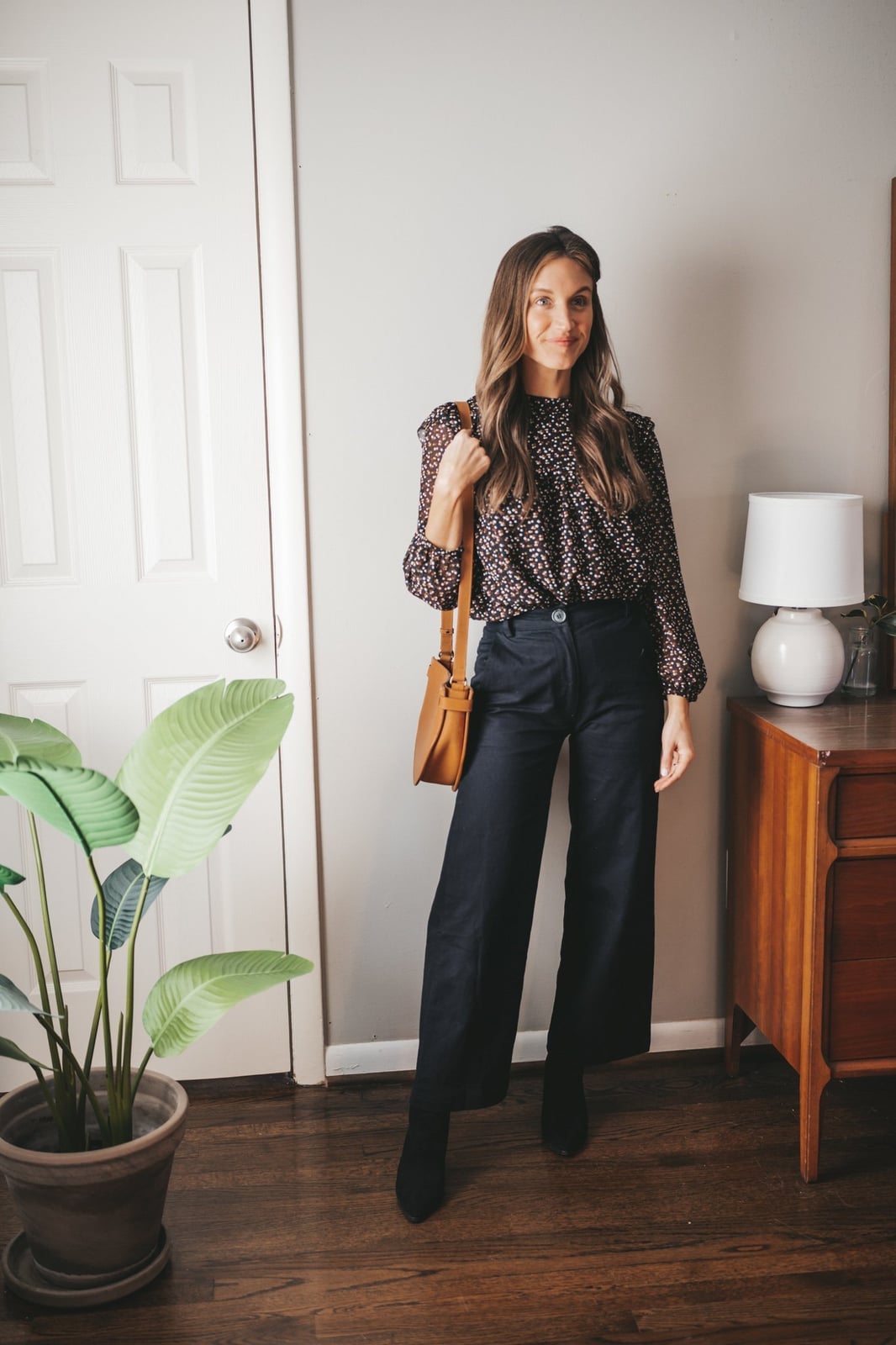 Cropped Wide Leg Black Trousers with Floral Blouse — Trendy Black Trousers Outfit