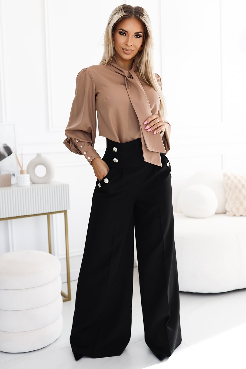 Tailored Black Trousers with Gold Buttons — Trendy Black Trousers Outfit