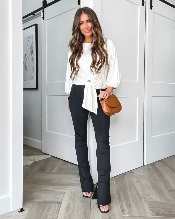 Slight Flare Black Trousers with Tie Front Top — Trendy Black Trousers Outfit