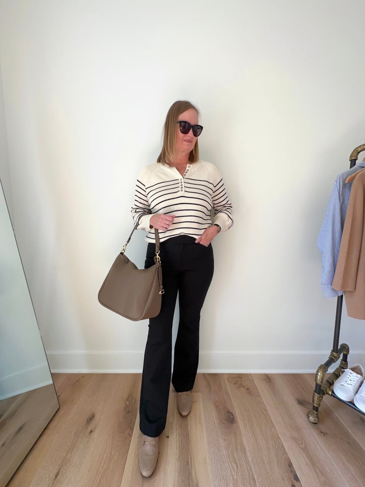 Black Flare Trousers with Striped Knit Top — Trendy Black Trousers Outfit