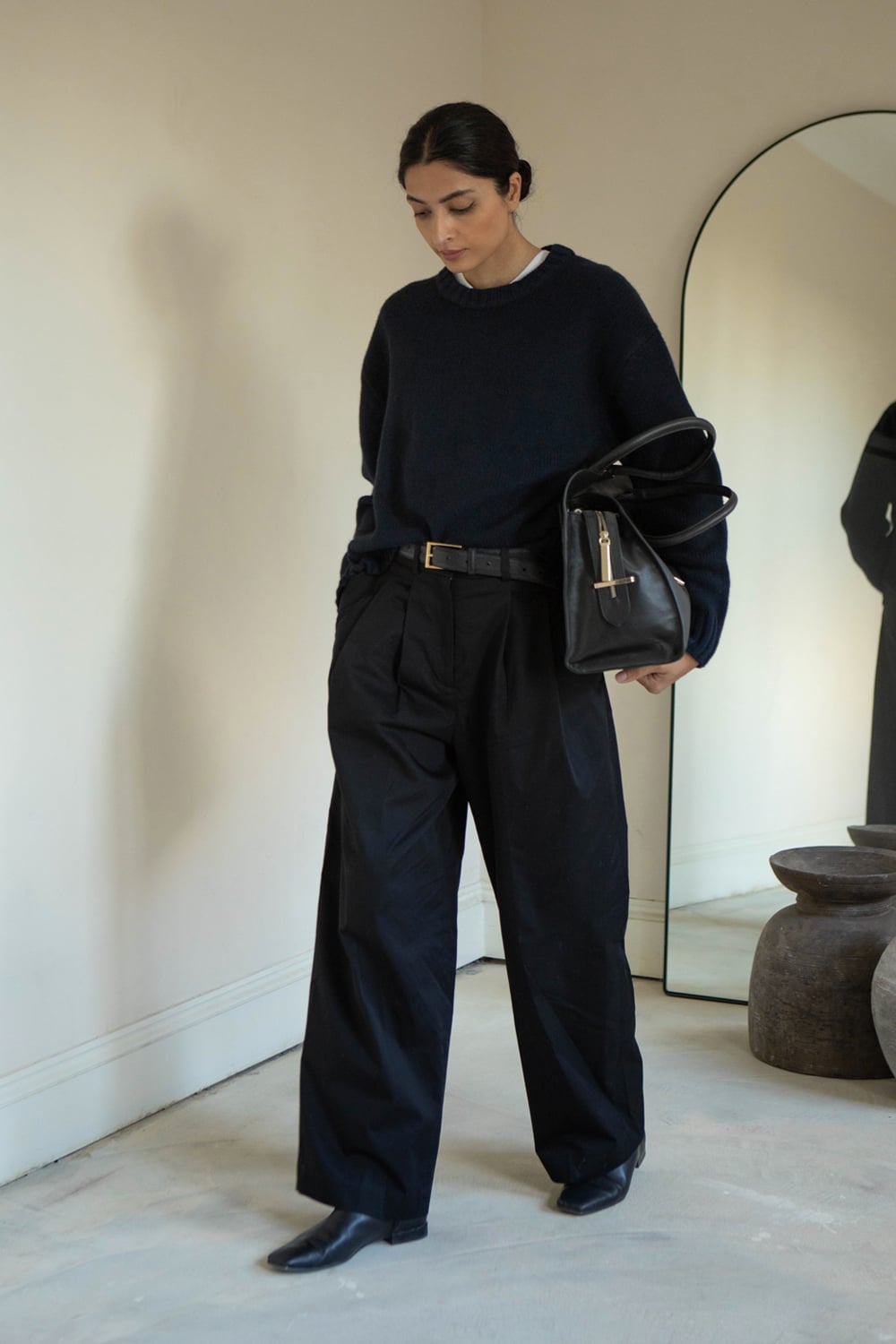 Casual Wide Leg Black Trousers with Sweater — Trendy Black Trousers Outfit